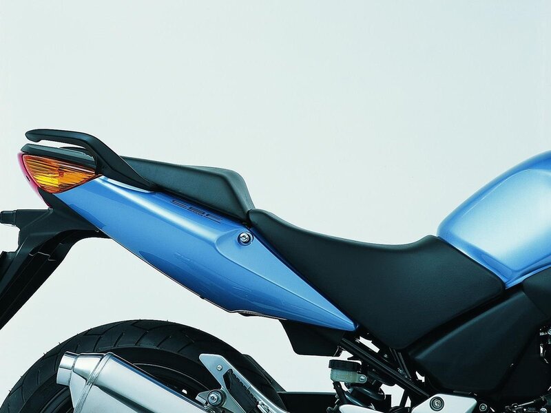 blue motorcycle rear view