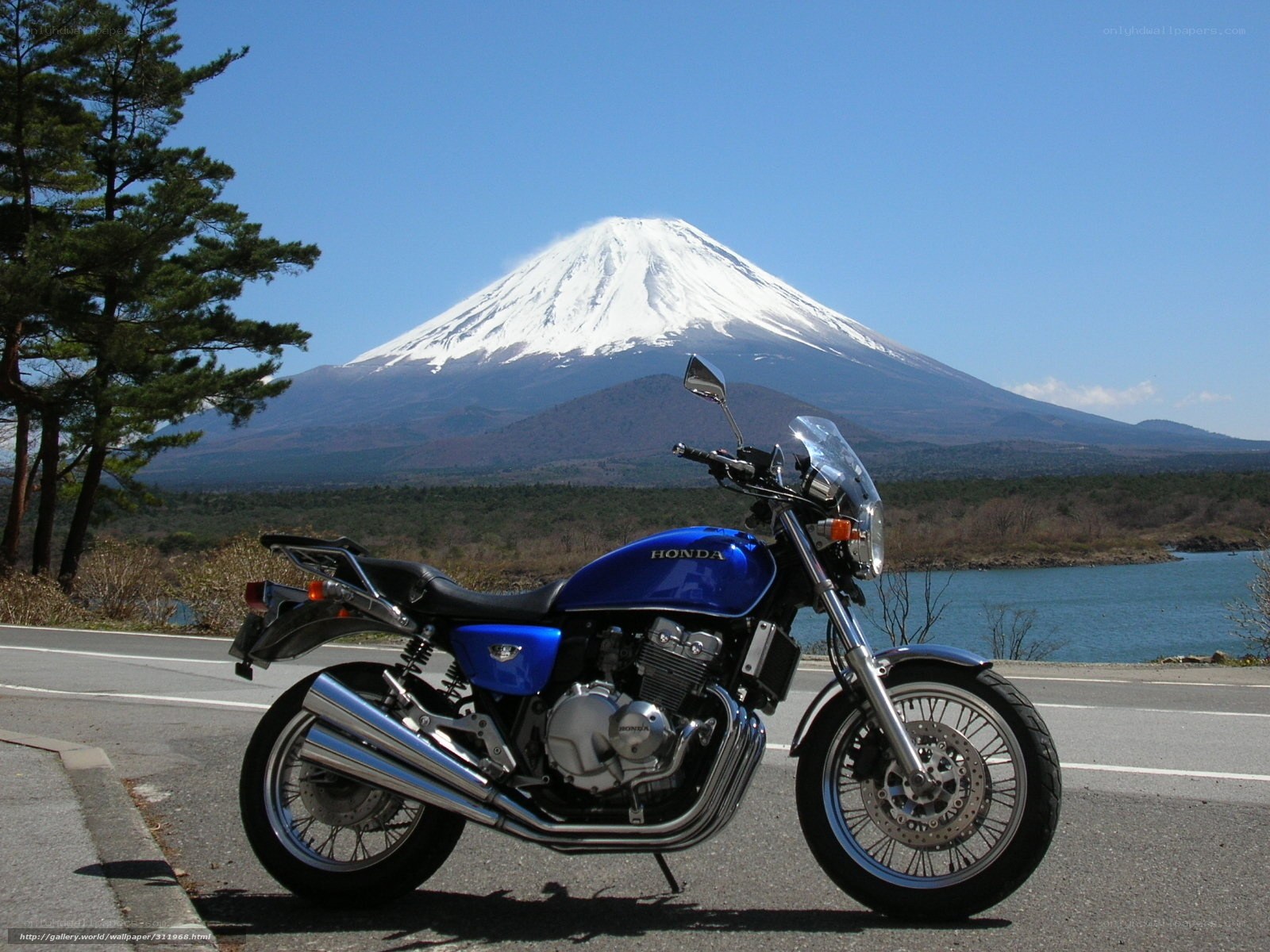 Blue motorcycle with Mount Fuji