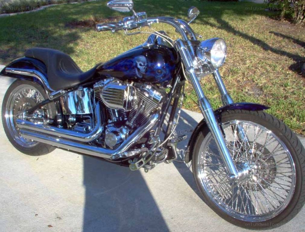 Blue motorcycle with skull design
