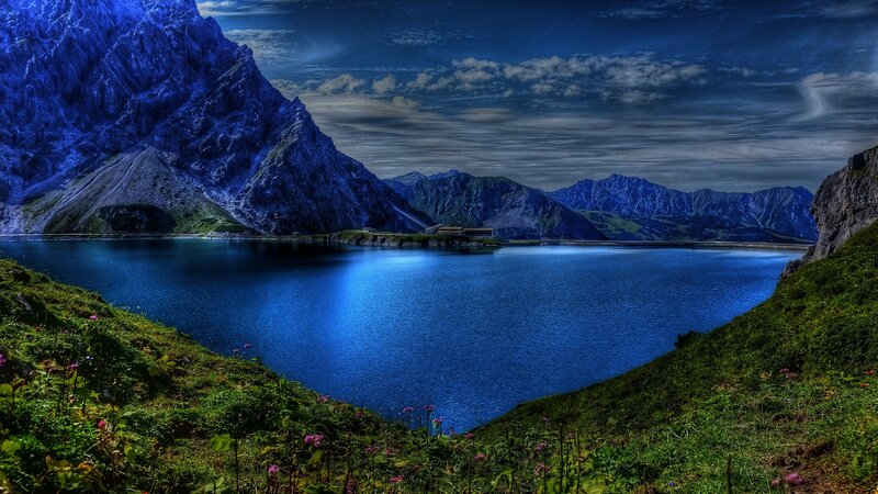 Blue mountain lake landscape