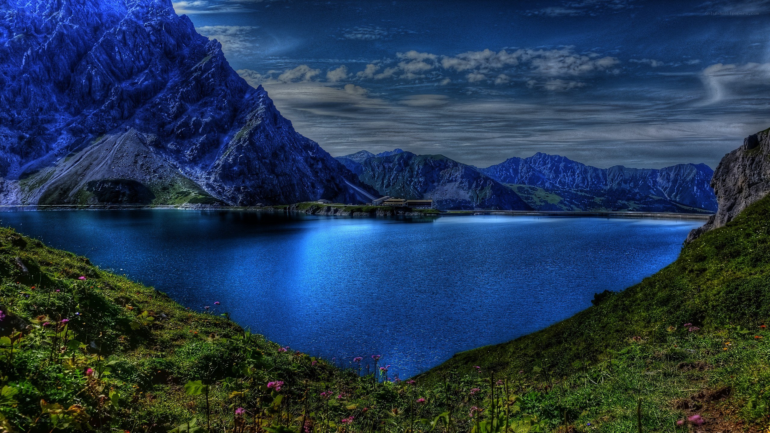 Blue mountain lake landscape
