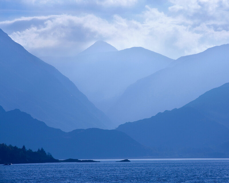 Blue mountains and lake landscape