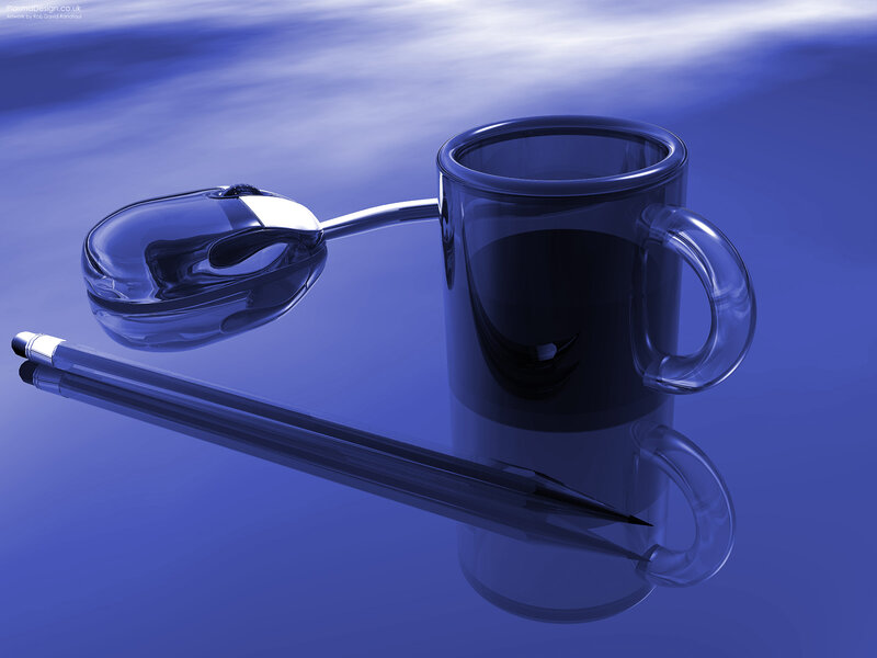 Blue mug and mouse on reflective surface