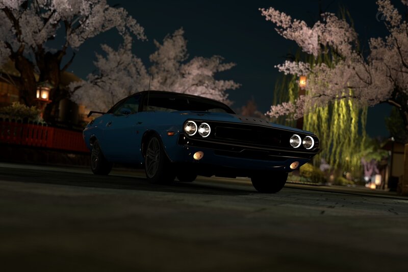 Blue muscle car at night