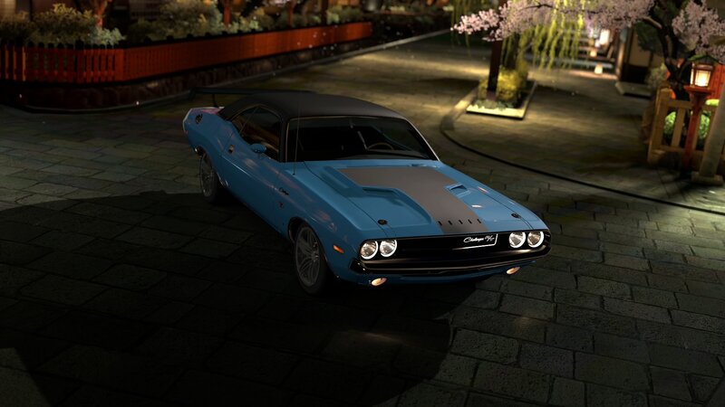 Blue muscle car at night