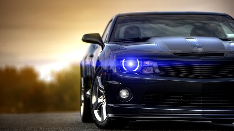 Blue Muscle Car — Black, Dramatic, Sunset
