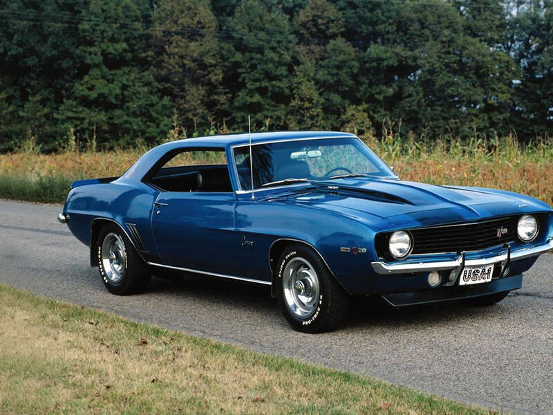 Blue Muscle Car — Calm, Afternoon, Photograph, Road, Trees, Grass, Black