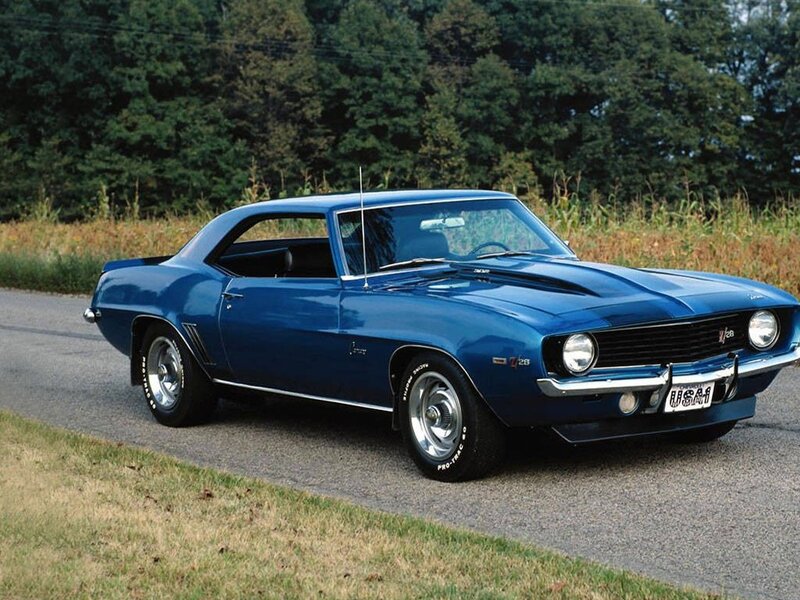 Blue Muscle Car — Calm, Afternoon, Photograph, Road, Trees