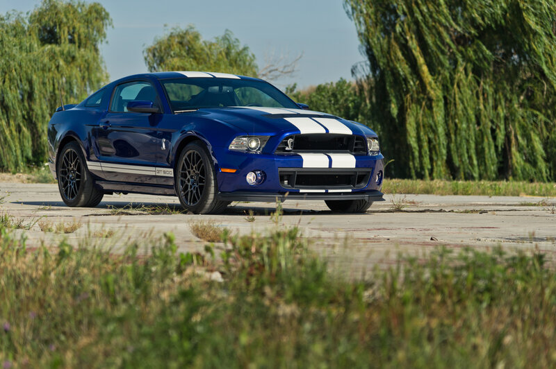Blue Muscle Car — Calm, Afternoon, Photograph, Trees, Concrete
