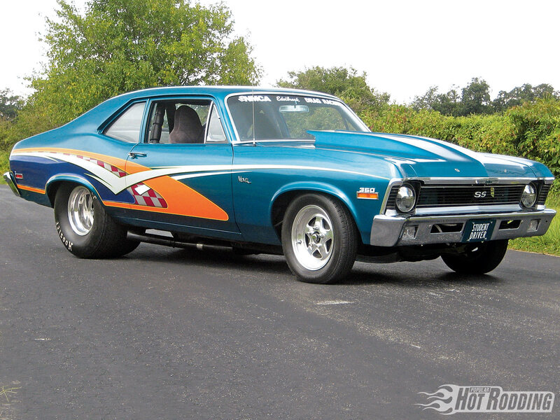 Blue Muscle Car — Calm, Afternoon, Photograph, Trees, Hedge, Road