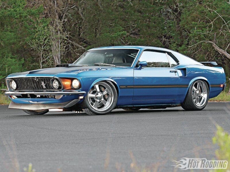 Blue Muscle Car — Calm, Afternoon, Photograph, Trees, Road