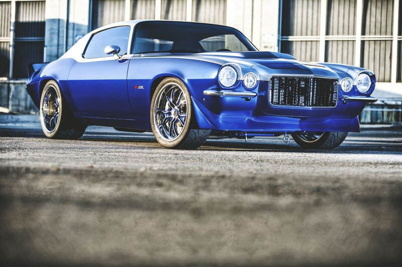 Blue Muscle Car — Dramatic, Afternoon, Photograph, Building, Asphalt
