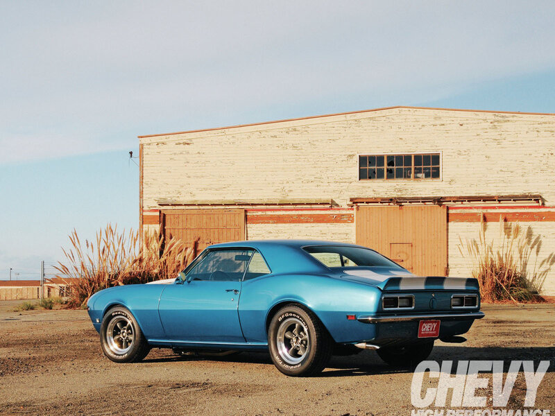 Blue Muscle Car — Dramatic, Afternoon, Photograph, Building, Plants