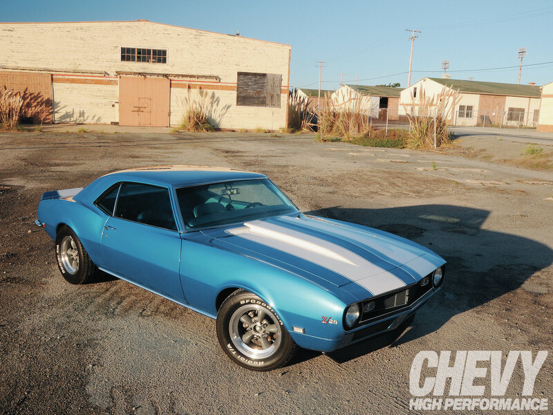 Blue Muscle Car — Dramatic, Afternoon, Photograph, Building