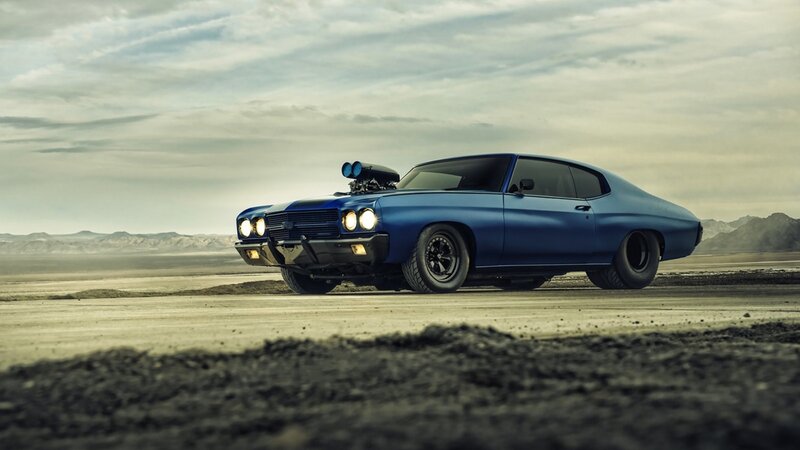 Blue Muscle Car — Dramatic, Afternoon, Photograph, Desert, Mountains