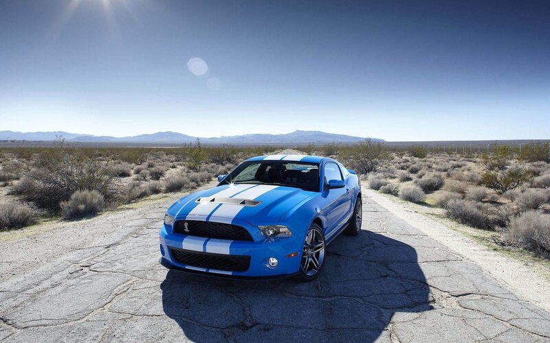 Blue Muscle Car — Dramatic, Afternoon, Photograph, Desert, Road, Mountains, White, Gray