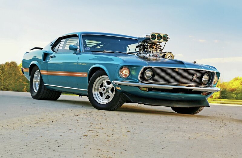 Blue Muscle Car — Dramatic, Afternoon, Photograph, Engine, Grille, Wheels
