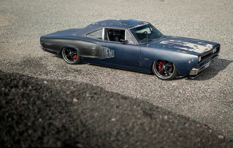 Blue Muscle Car — Dramatic, Afternoon, Photograph, Gravel