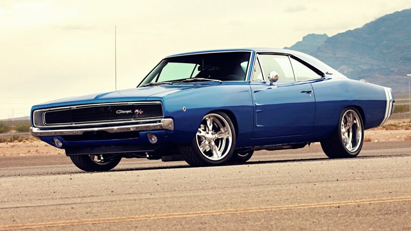 Blue Muscle Car — Dramatic, Afternoon, Photograph, Mountains, Road, Antenna