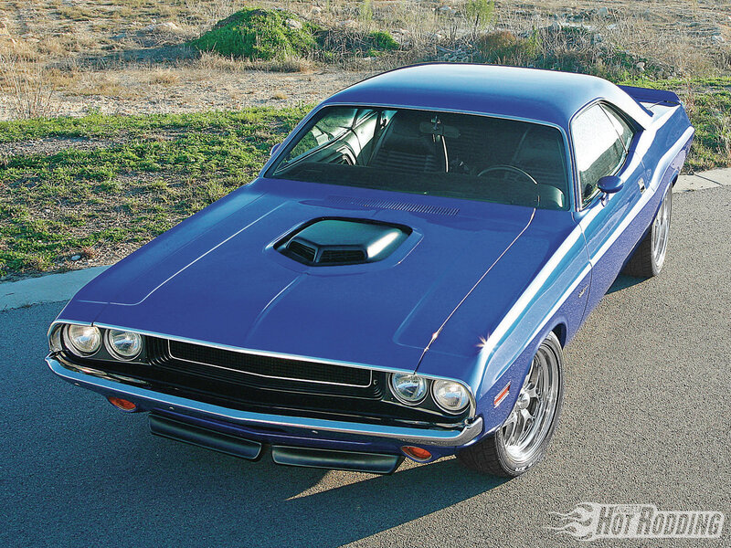 Blue Muscle Car — Dramatic, Afternoon, Photograph, Road, Grass
