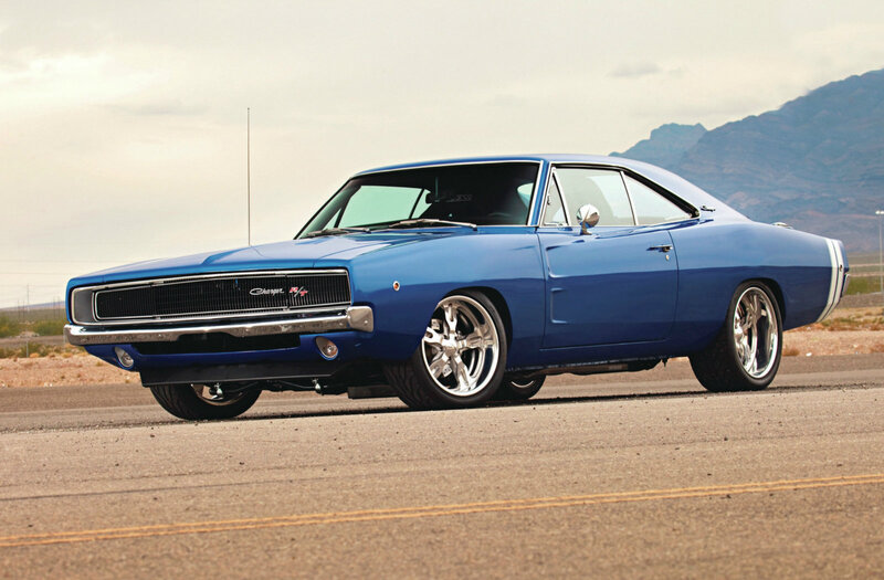 Blue Muscle Car — Dramatic, Afternoon, Photograph, Road, Mountains