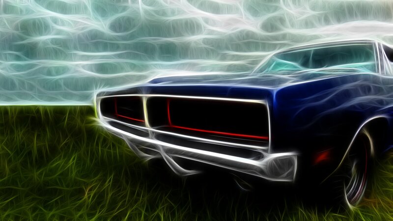 Blue Muscle Car — Dramatic, Digital Art, Grass