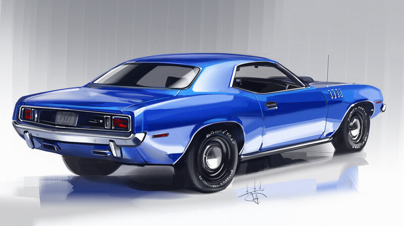 Blue Muscle Car — Dramatic, Digital Art, License Plate