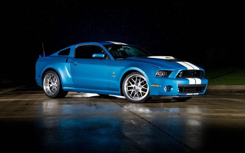 Blue Muscle Car — Dramatic, Night, Photograph, Stripes, Wet Pavement