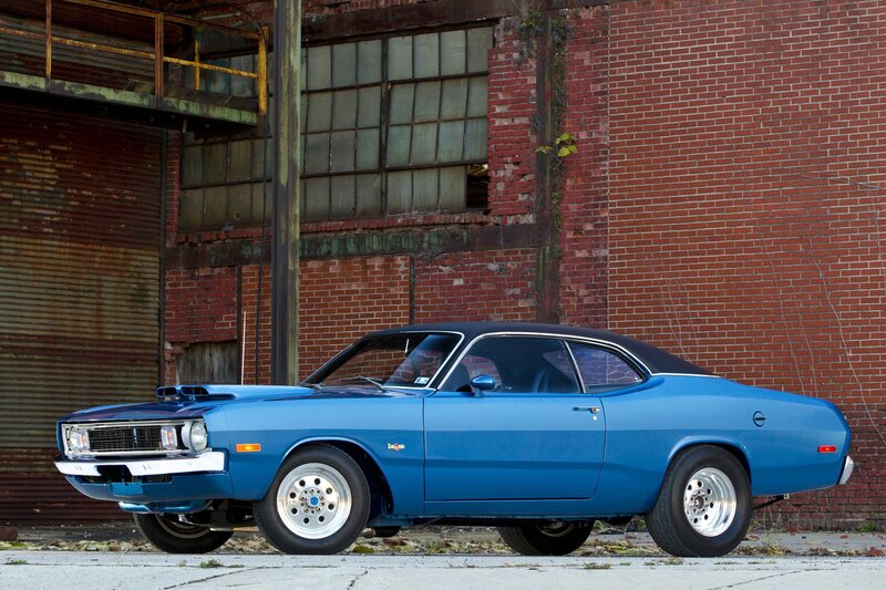 Blue Muscle Car — Dramatic, Photograph, Brick Building