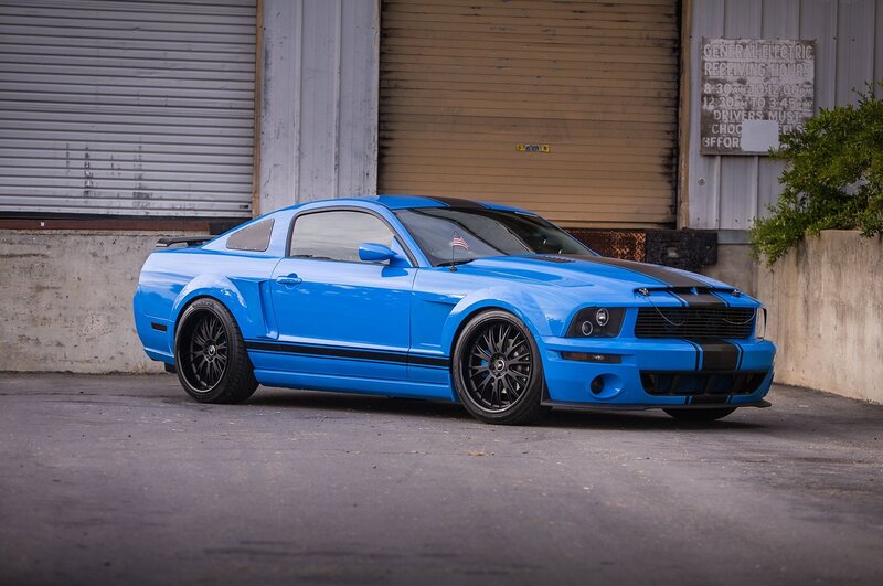 Blue Muscle Car — Dramatic, Photograph, Garage Door, American Flag