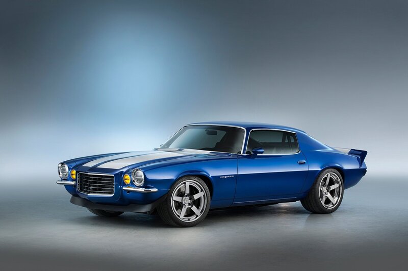 Blue Muscle Car — Dramatic, Photograph, White Racing Stripes, Silver Wheels, Rear Spoiler