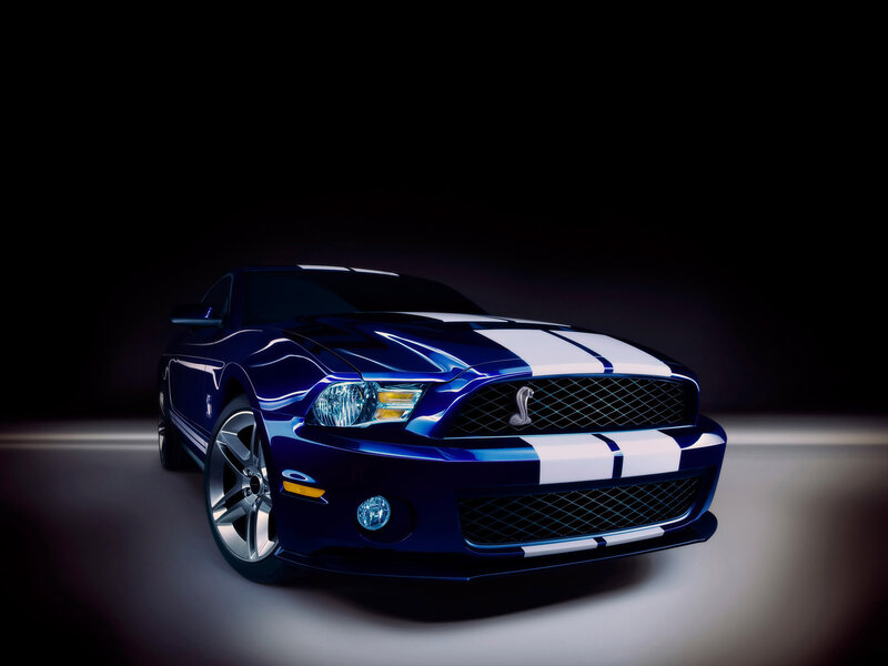 Blue Muscle Car — Dramatic, Photograph, White Racing Stripes, Silver Wheels