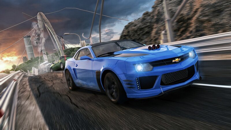 Blue Muscle Car — Dramatic, Sunset, 3d Render, Bridge