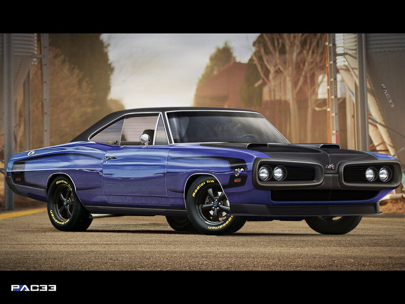 Blue Muscle Car — Dramatic, Sunset, 3d Render