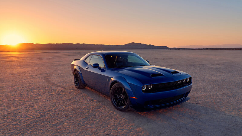 Blue Muscle Car — Dramatic, Sunset, Photograph, Desert