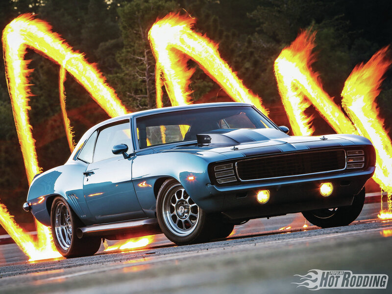 Blue Muscle Car — Dramatic, Sunset, Photograph, Fire