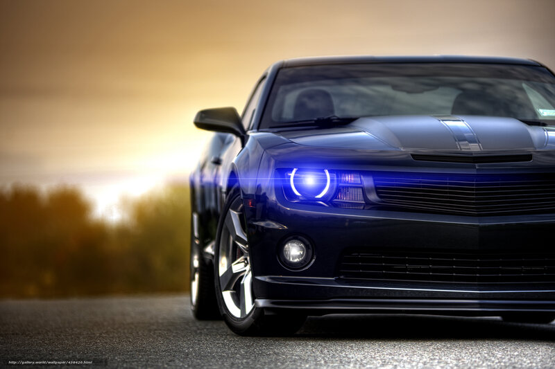 Blue Muscle Car — Dramatic, Sunset, Photograph, Headlights, Road