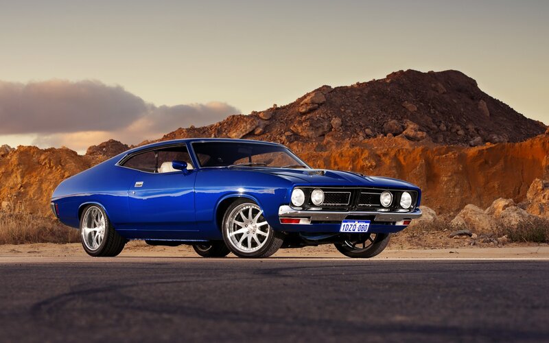 Blue Muscle Car — Dramatic, Sunset, Photograph, Road, Mountain