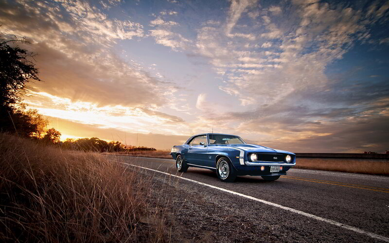 Blue Muscle Car — Dramatic, Sunset, Photograph, Road, Sky