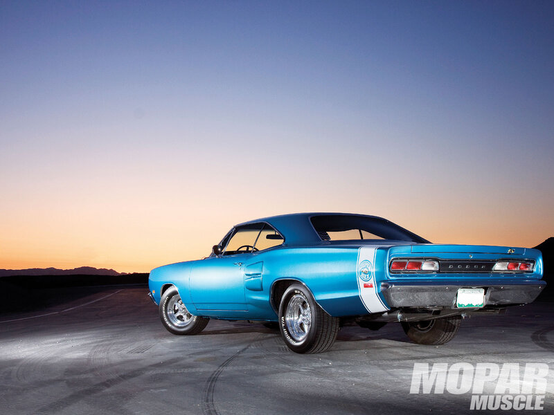 Blue Muscle Car — Dramatic, Sunset, Photograph, Road