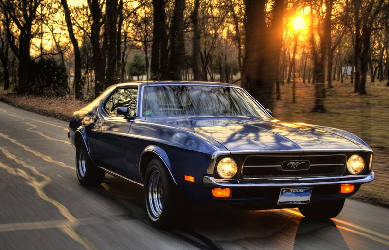 Blue Muscle Car — Dramatic, Sunset, Photograph, Road, Trees