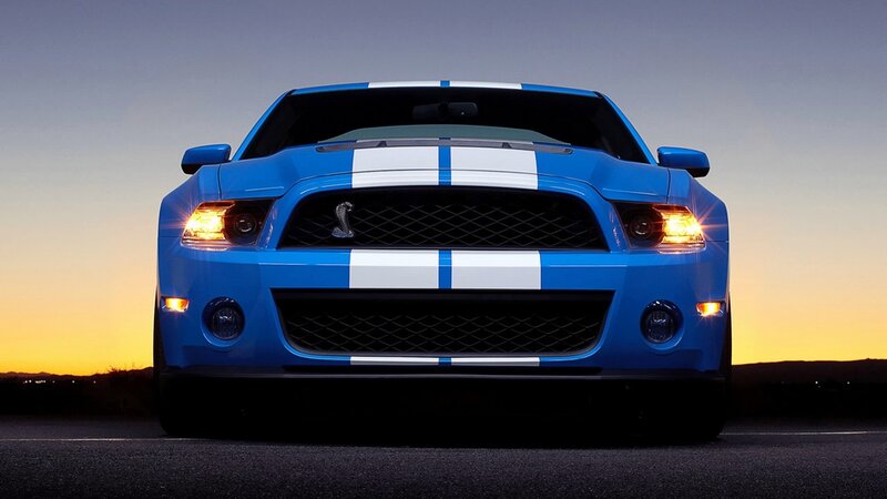 Blue Muscle Car — Dramatic, Sunset, Photograph, Sky, Road, White, Black