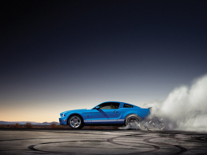 Blue Muscle Car — Dramatic, Sunset, Photograph, Smoke, Tire Marks