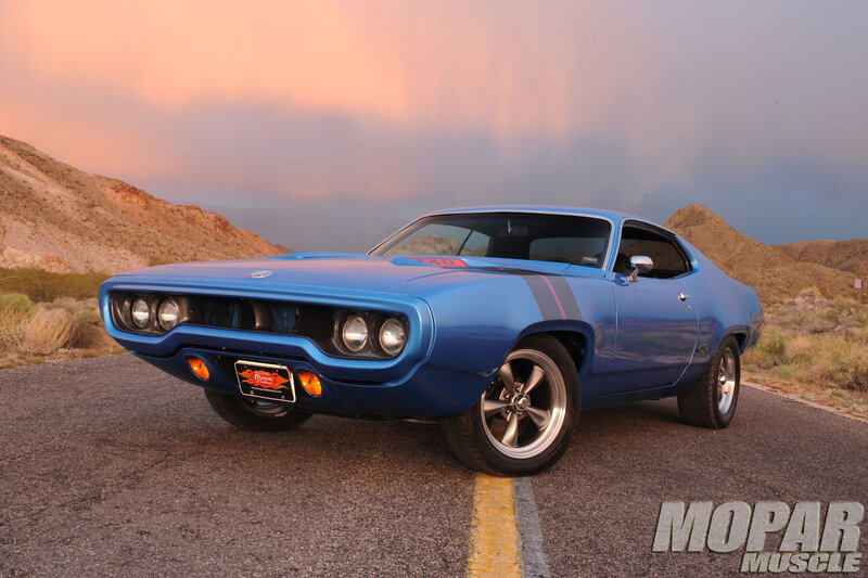 Blue Muscle Car — Dramatic, Sunset, Photograph