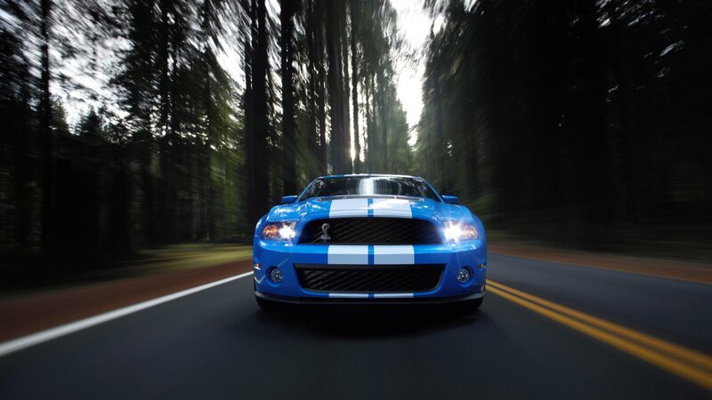 Blue Muscle Car — Dynamic, Afternoon, Photograph, Forest, Road