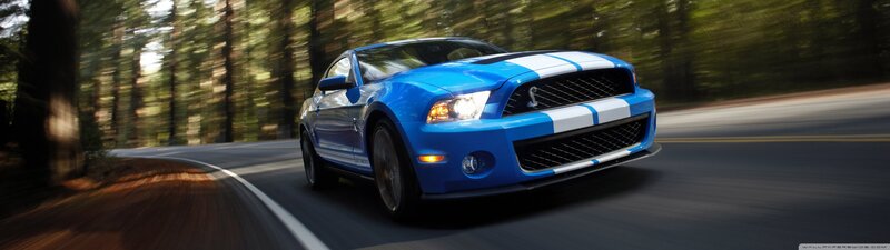 Blue Muscle Car — Dynamic, Afternoon, Photograph, Road, Trees