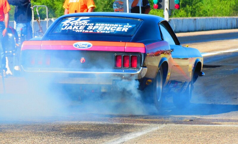 Blue Muscle Car — Dynamic, Afternoon, Photograph, Smoke, Racetrack