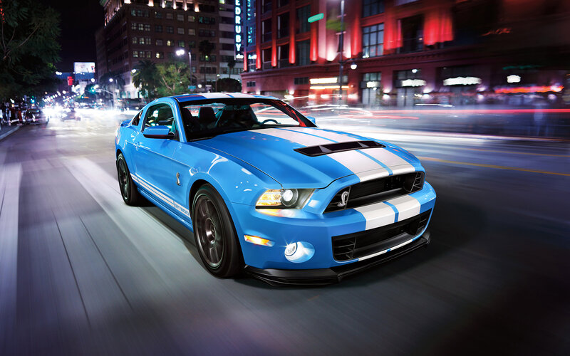 Blue Muscle Car — Dynamic, Night, Photograph, City Street, Buildings, Lights