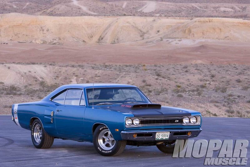 Blue muscle car in desert