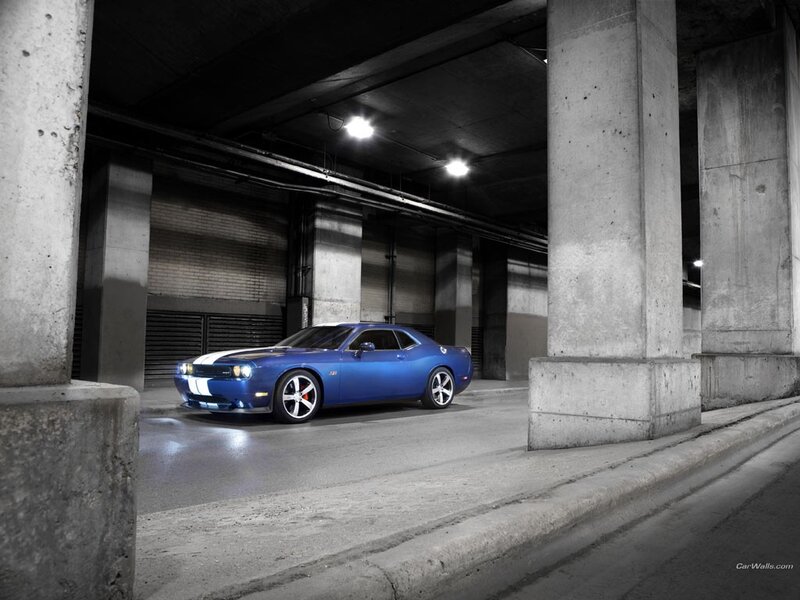 Blue muscle car in garage